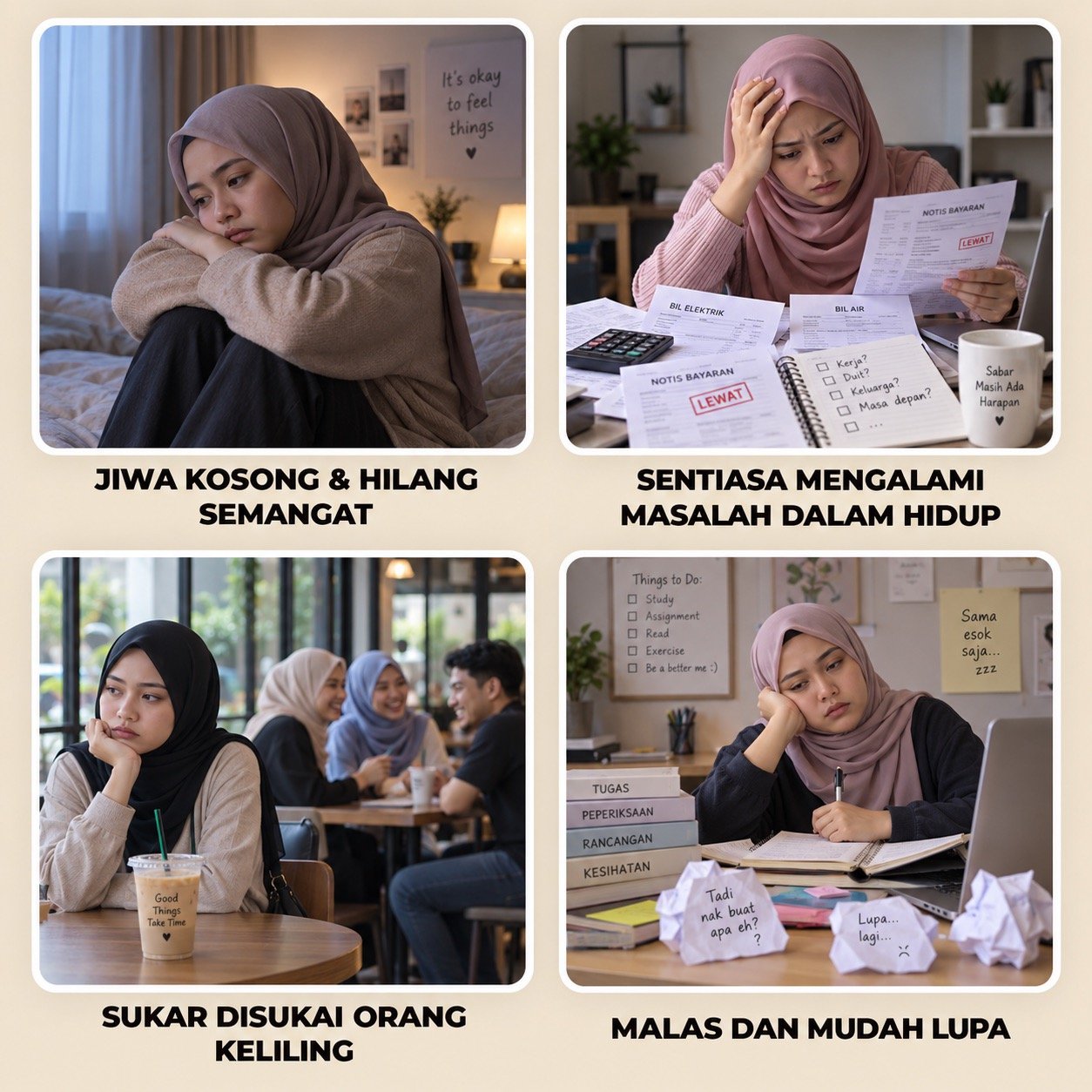Masalah harian - jiwa kosong dan hilang semangat, sentiasa mengalami masalah dalam hidup, sukar disukai orang keliling dan malas dan mudah lupa