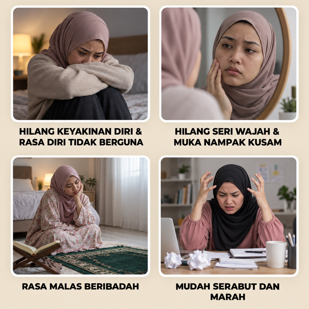 Masalah emosi dan diri - hilang keyakinan diri, hilang seri wajah dan muka nampak kusam, rasa malas beribadah dan mudah serabut dan marah