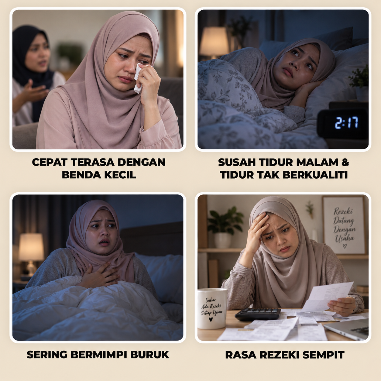 Masalah gangguan harian - cepat terasa dengan benda kecil, susah tidur malam dan tidur tak berkualiti, sering bermimpi buruk dan rasa rezeki sempit