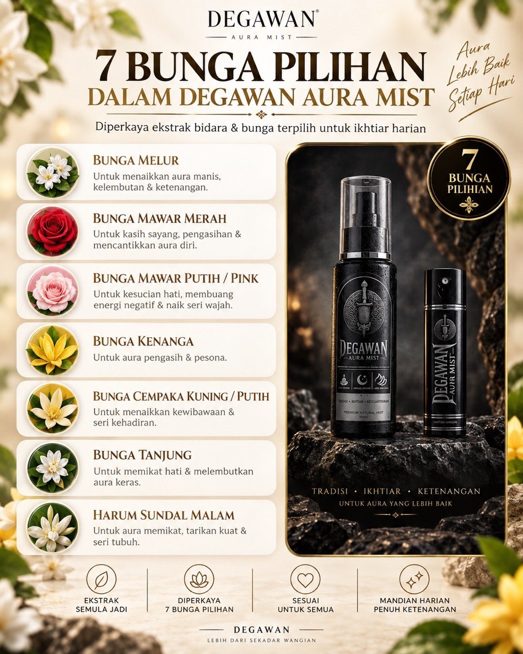Poster 7 bunga pilihan dalam Degawan Aura Mist